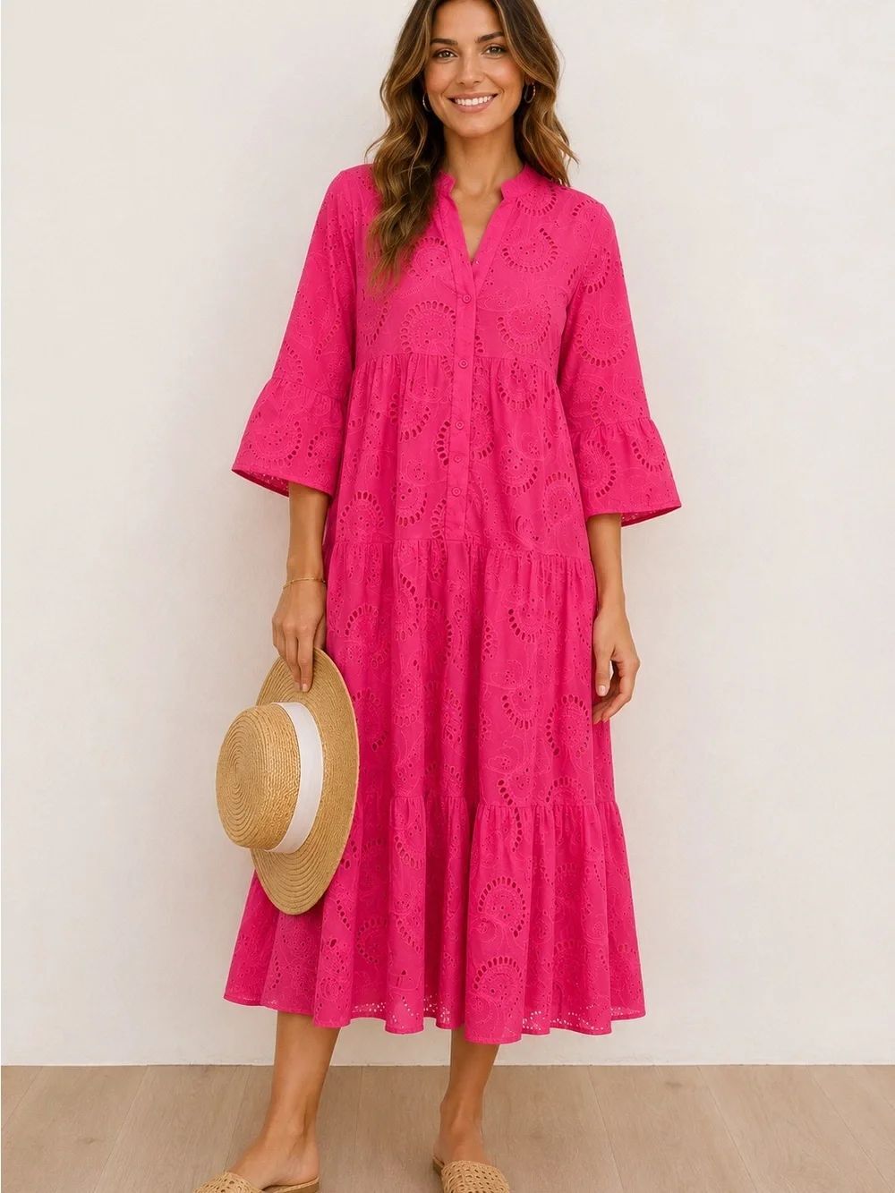 Boutique Hot Pink Eyelet Embroidered Midi Dress | Boho Tiered Dress | Size Small